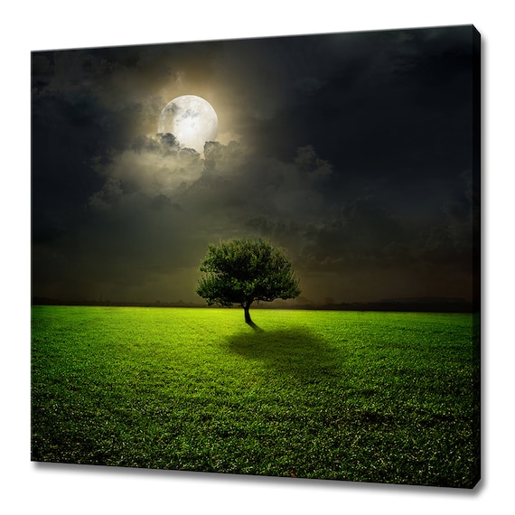 Stunning Lonely Tree On Top Of The Hill At Moonlight Modern Design Home Decor Print Wall Art Picture