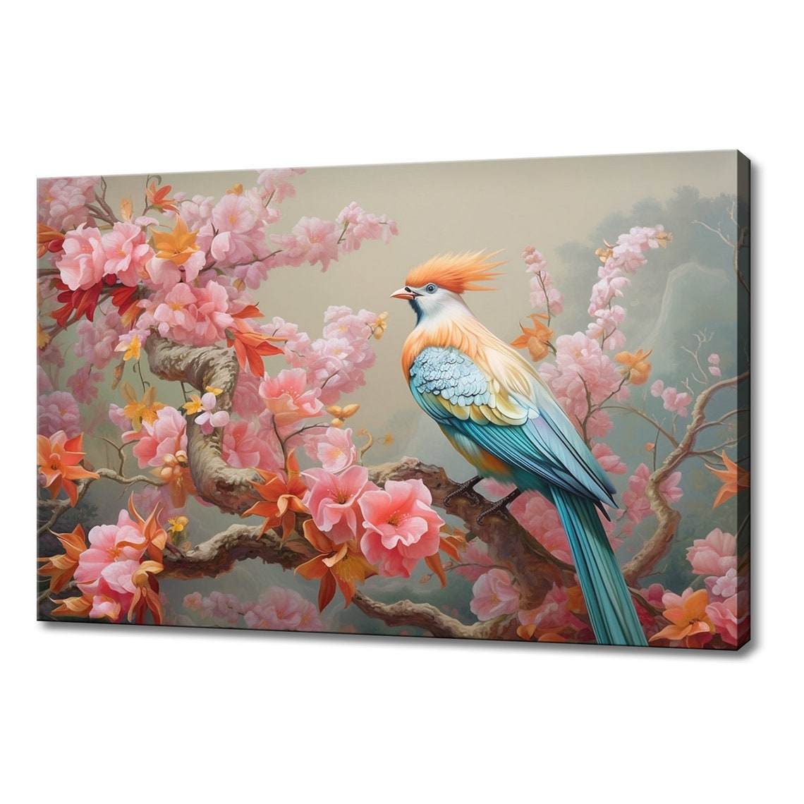 Crested Turquoise Orange Songbird Cherry Blossom Branch Art Poster