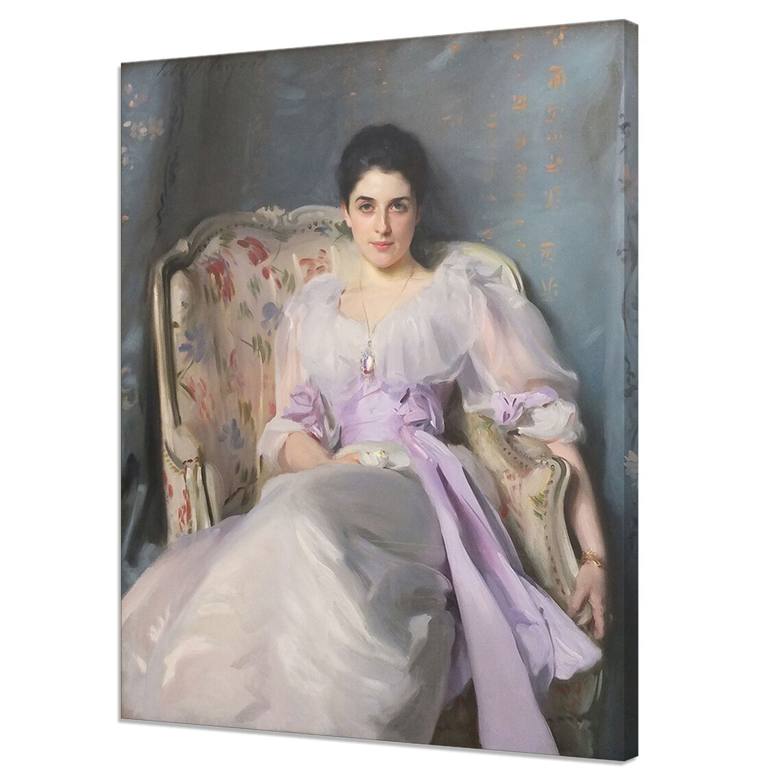 Elegant Woman White Violet Gown Floral Armchair Romantic Portrait Poster