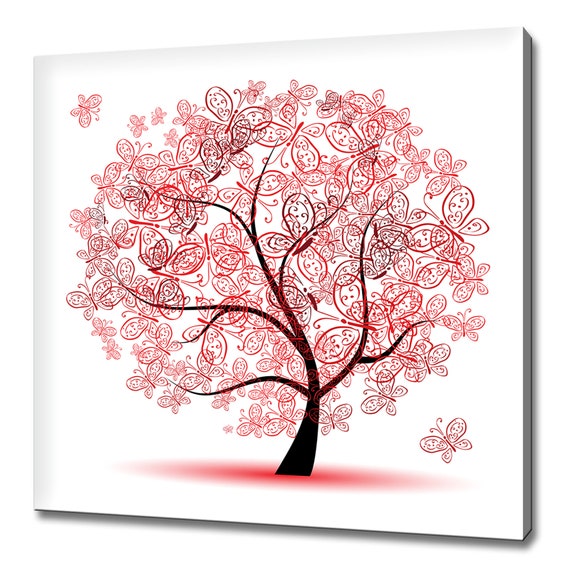 Red Abstract Tree Made Of Butterflies Modern Design Home Decor Print Wall Art Picture