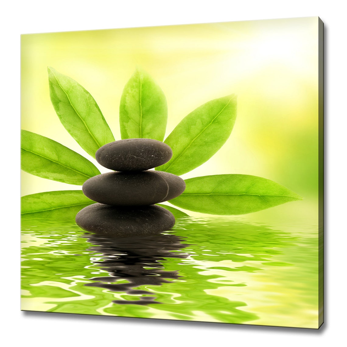 Black Zen Stones Pyramid Balanced With Green Leaves Spa Water Poster