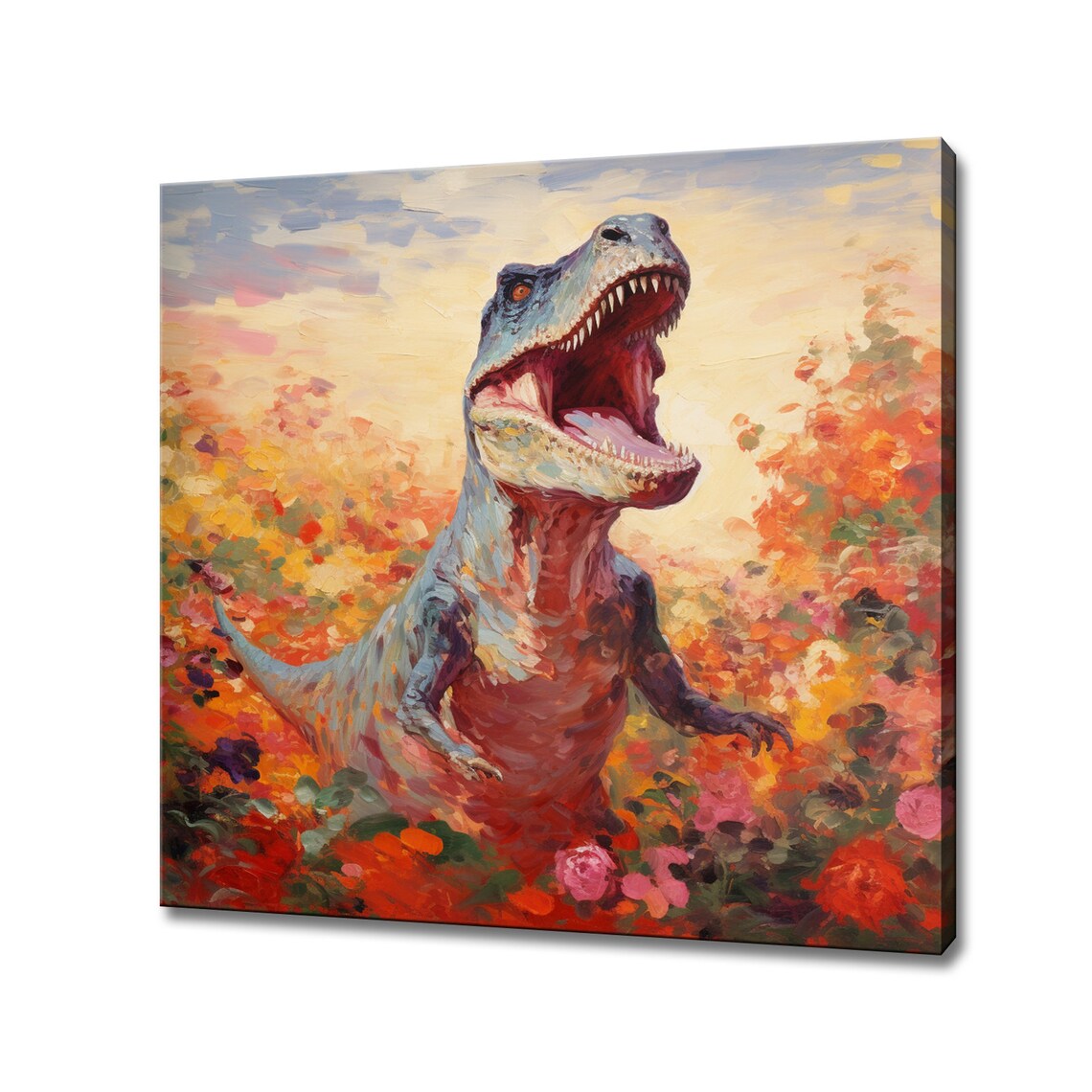 Roaring T Rex Dinosaur in Wildflower Field Painting Poster Art