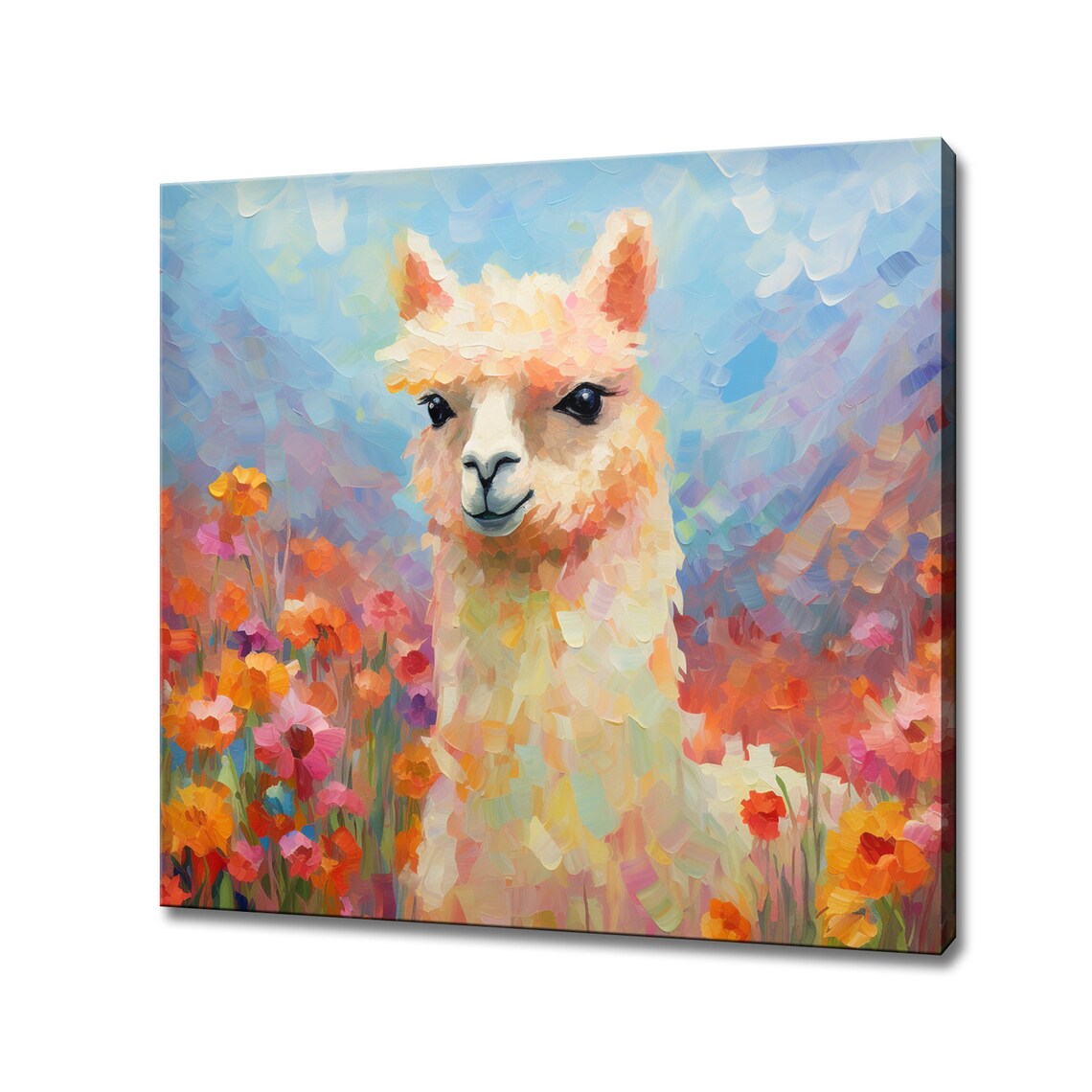 Colourful Llama Portrait Art Print, Floral Decor