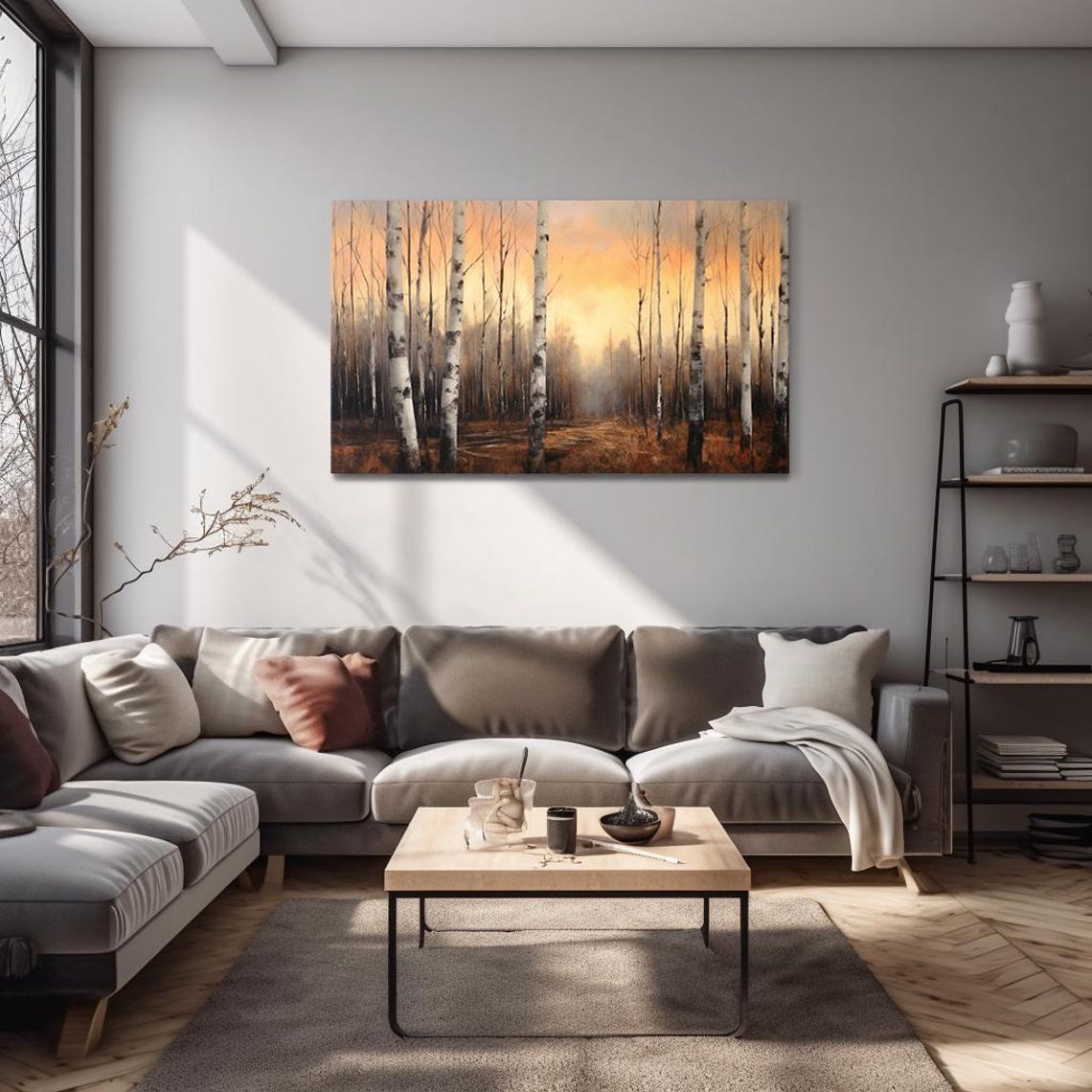 Birch Forest At Golden Sunset Tranquil Woodland Nature Wall Art - Image 4