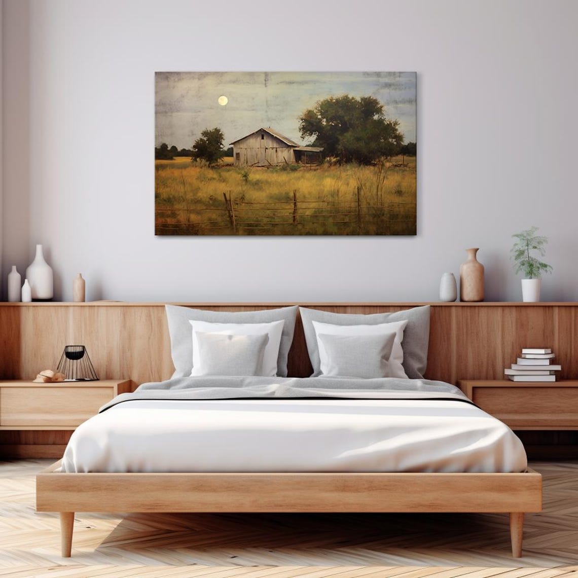 Rustic Barn Moonlit Field Night Farm Golden Meadow Vintage Poster - Image 3