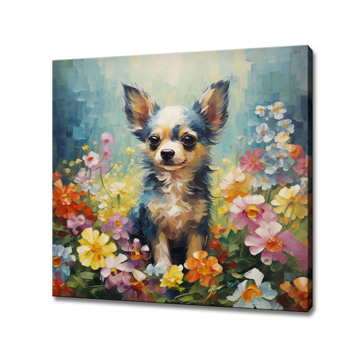 Cute Chihuahua Puppy In Flowers Field Print Gift For Chihuahua Dog Lover Colourful Dog Portrait Painting Print Dog Pet Wall Art