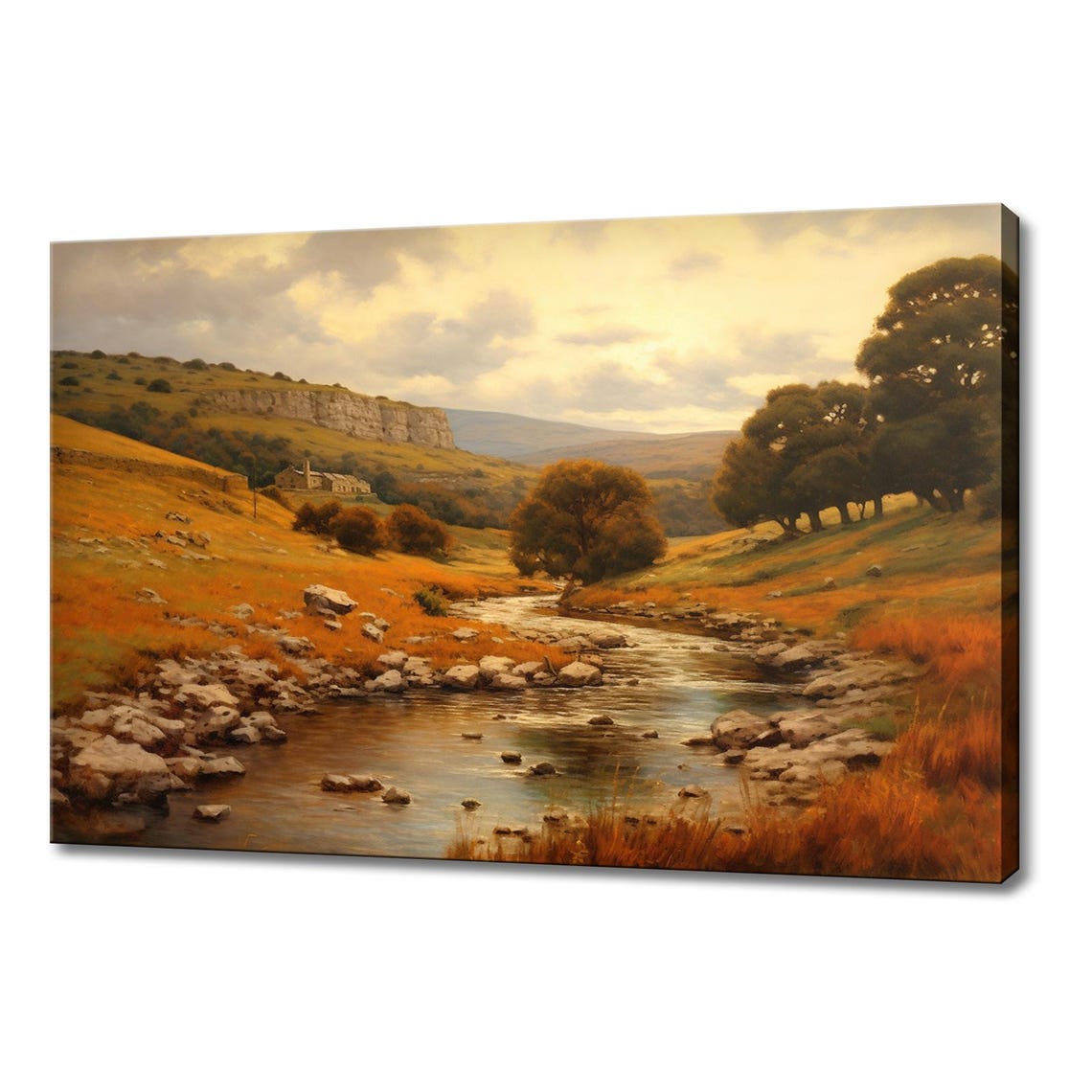 Autumn River Valley Rocky Stream Golden Hills Vintage Landscape Poster