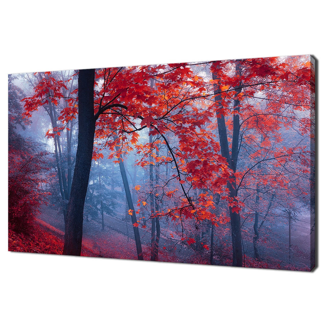 Red Maple Forest Blue Mist Autumn Moody Woodland Nature Wall Art