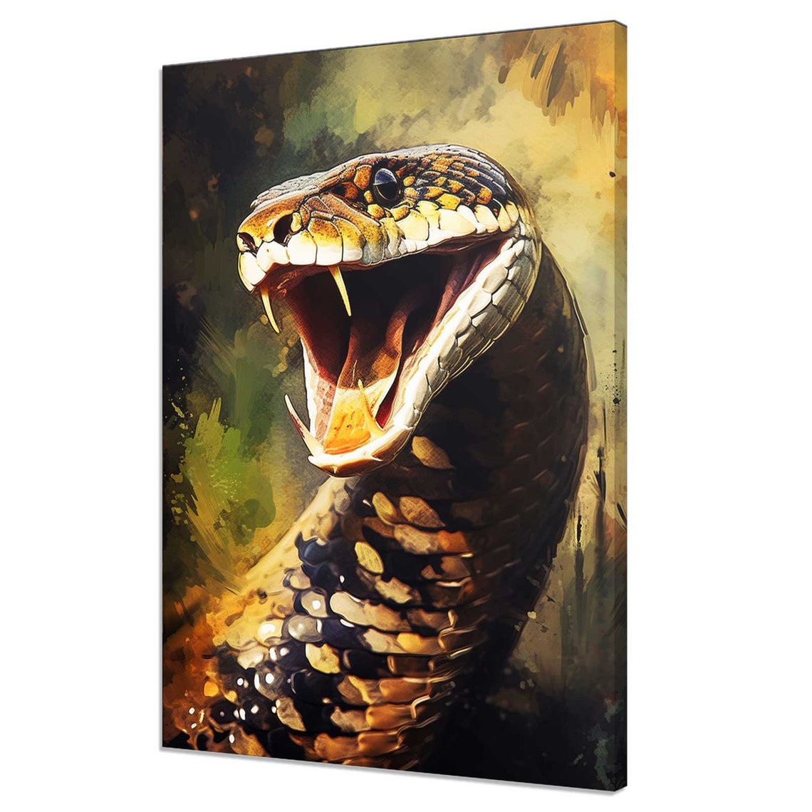 Striking King Cobra Snake Fangs Out Dramatic Wildlife Painting Poster