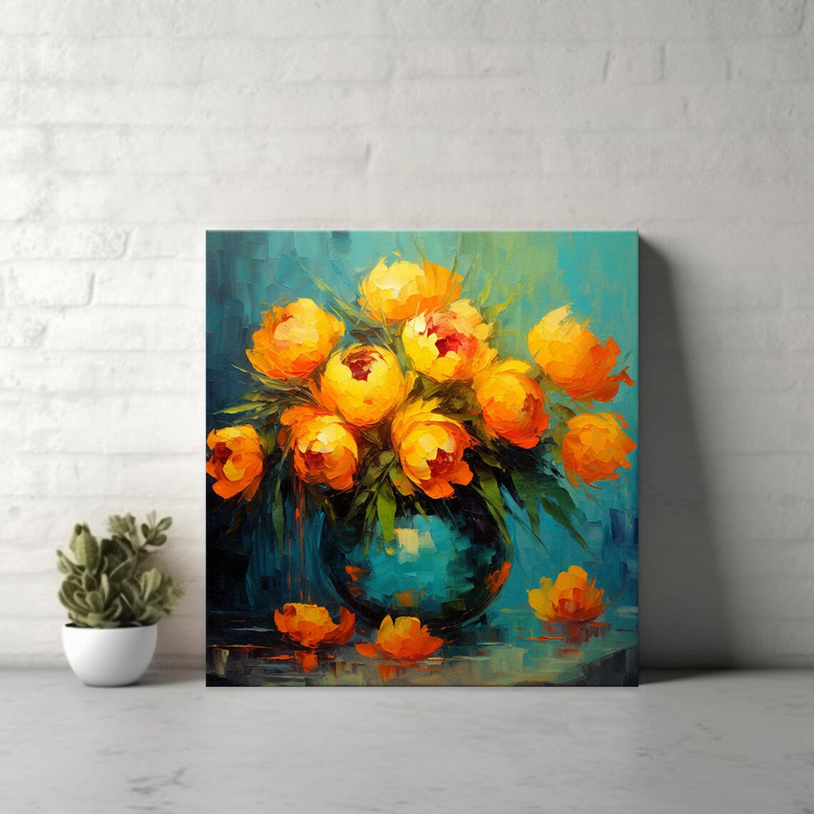 Yellow Peony Bouquet Blue Vase Impasto Oil Painting Floral Poster - Image 4