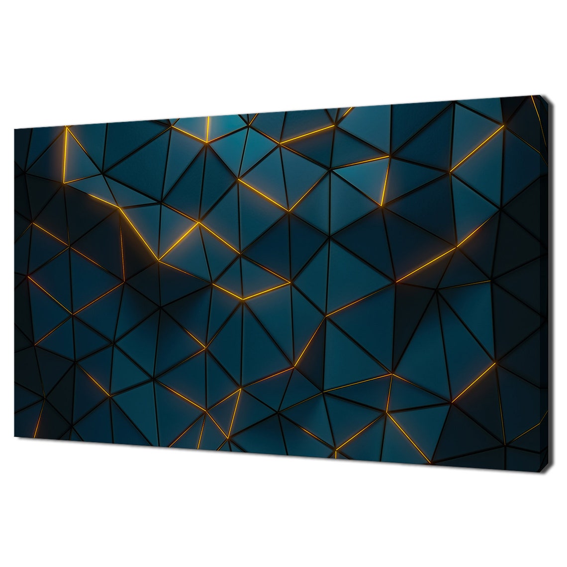 Dark Blue Polygonal Triangles Glowing Edges Geometric Abstract Poster