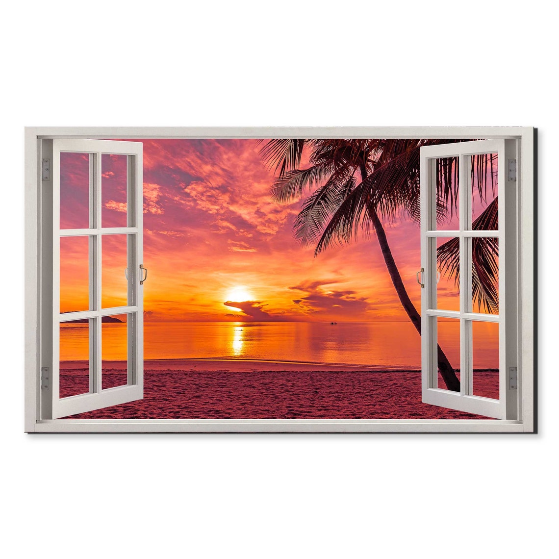 Red Sunset Over The Beach Through Open Window Frame Wall Art Poster