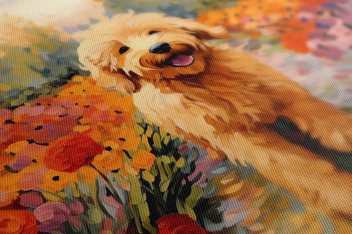 Fluffy Golden Doodle Puppy Garden Flowers Painting Wall Print - Image 4