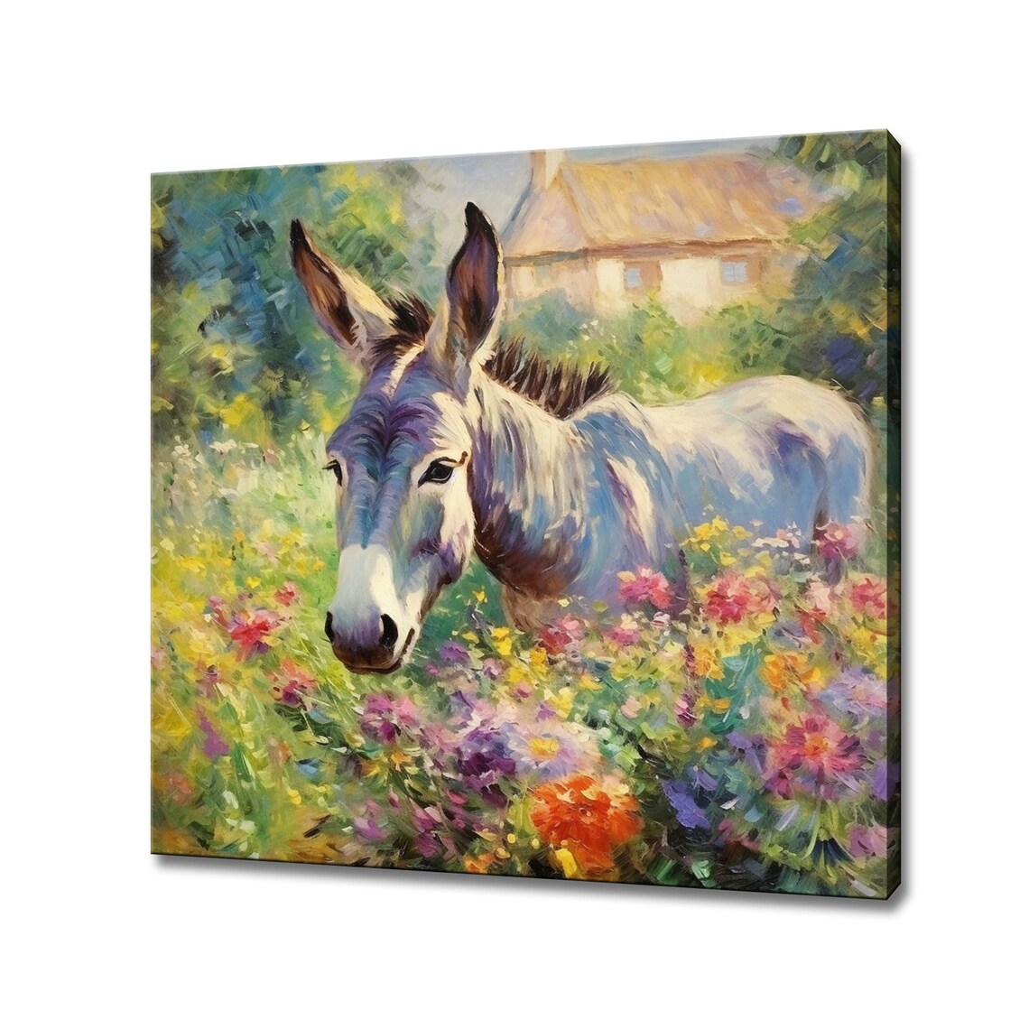 Donkey In Colourful Flower Field Cottage Painterly Farm Animal Poster