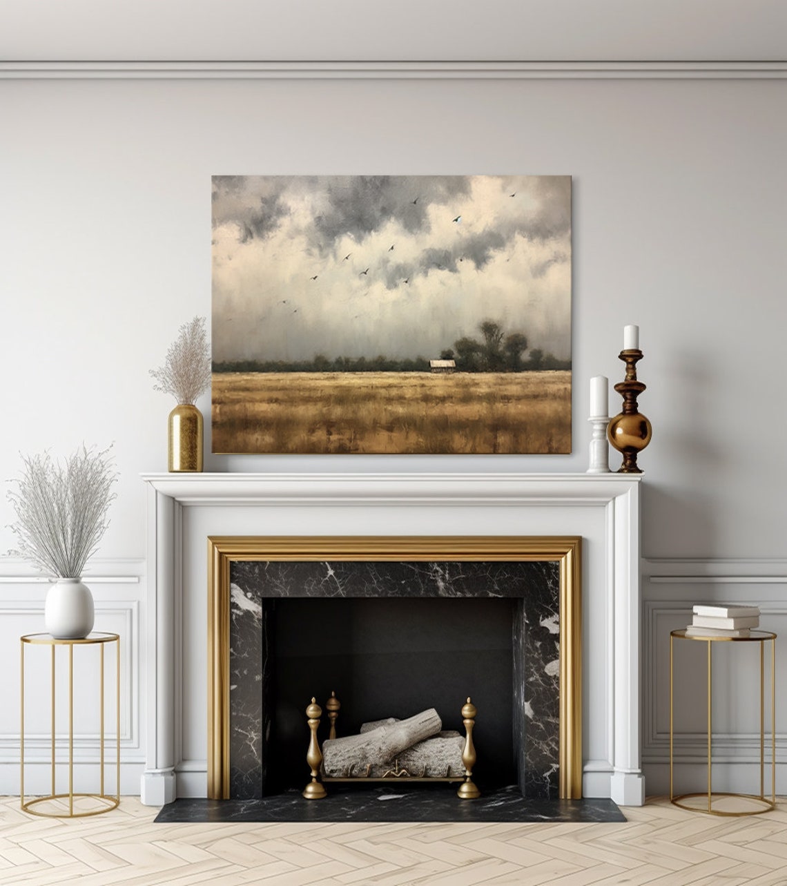 Storm Clouds Birds Over Golden Field With Distant Barn Vintage Poster - Image 3