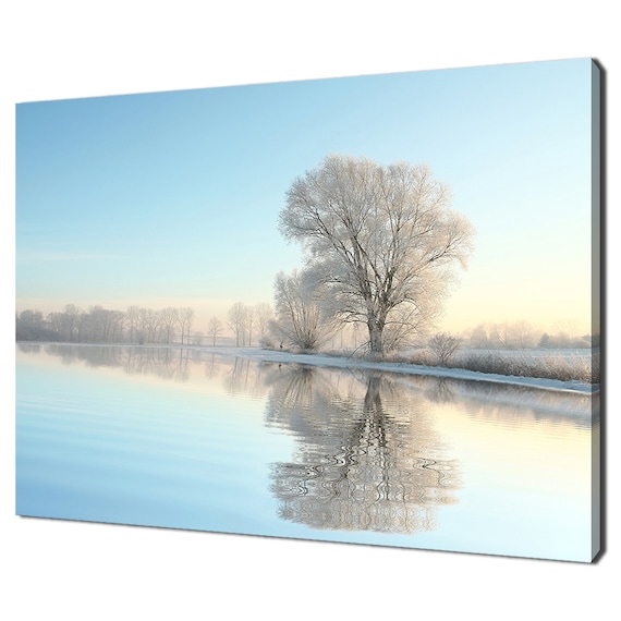 Frosty Winter Tree In The Rising Sun Lake Reflection Blue White Modern Design Home Decor Print Wall Art Picture Wall Hanging
