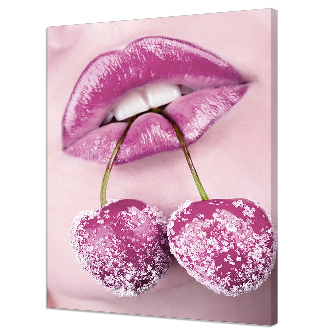 Pink Glossy Lips Holding Sugared Cherries Sweet Beauty Pop Art Poster