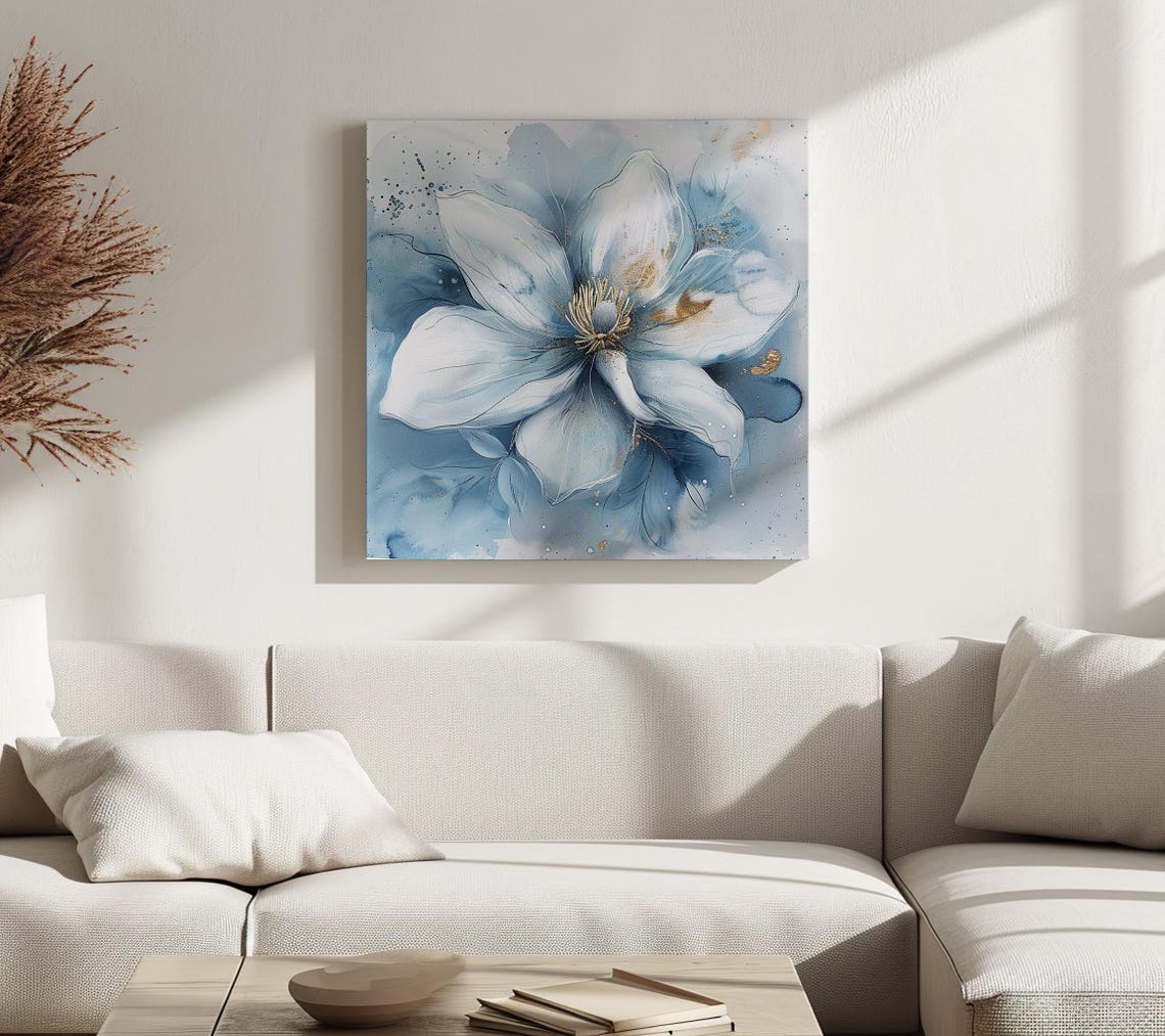 White Blue Gold Watercolor Flower Abstract Botanical Modern Art Print - Image 2