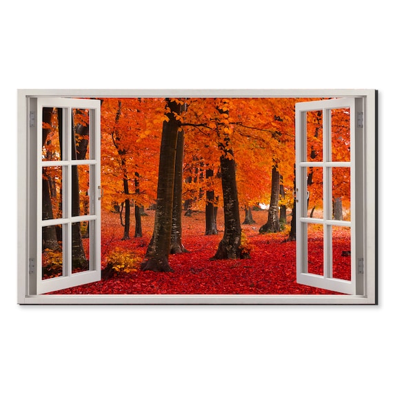 Red Foggy Forest Trees Landscape Window View Window Frame Style Modern Design Home Decor Print Wall Art Picture Ready To Hang