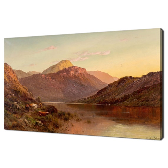 Ben Aan Hill Scotland Mountains Vintage Landscape Sunset Cows Painting Print Art Moody Rustic Fine Print Antique Farmhouse Decor