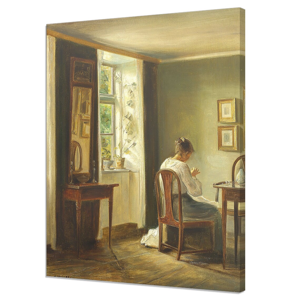 Carl Holsoe Interior Woman Sewing By Window Sunlit Room Vintage Art Print