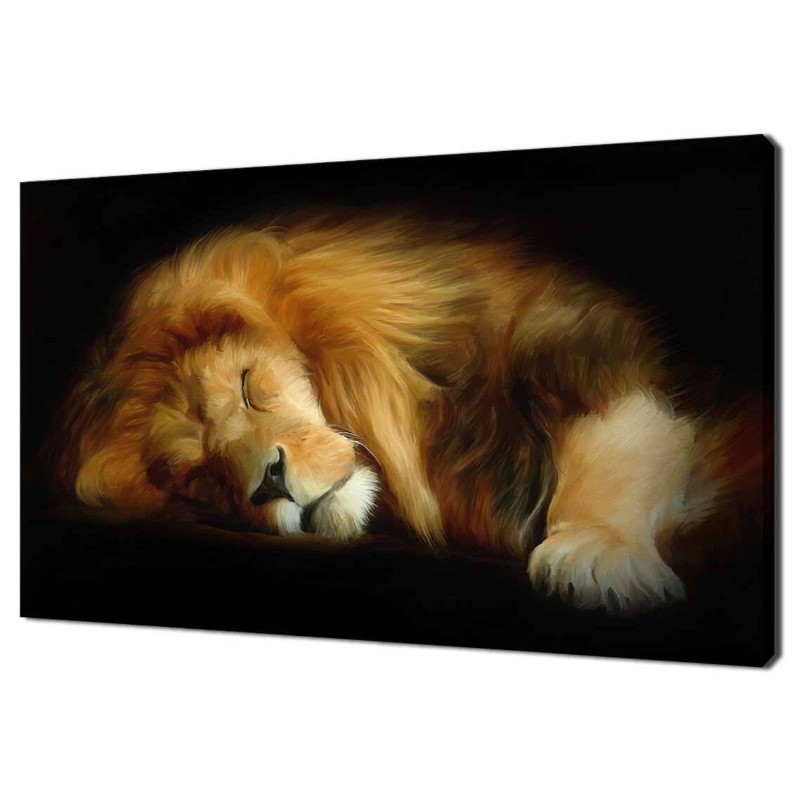 Sleeping Male Lion Oil Painting Dark Background Golden Mane Wall Art