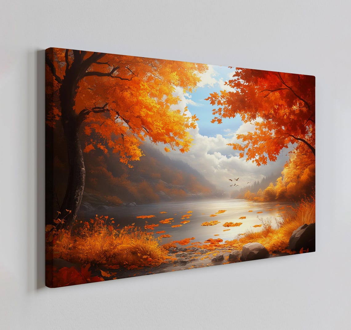 Autumn Forest Lake Fiery Orange Maples Falling Leaves Nature Poster