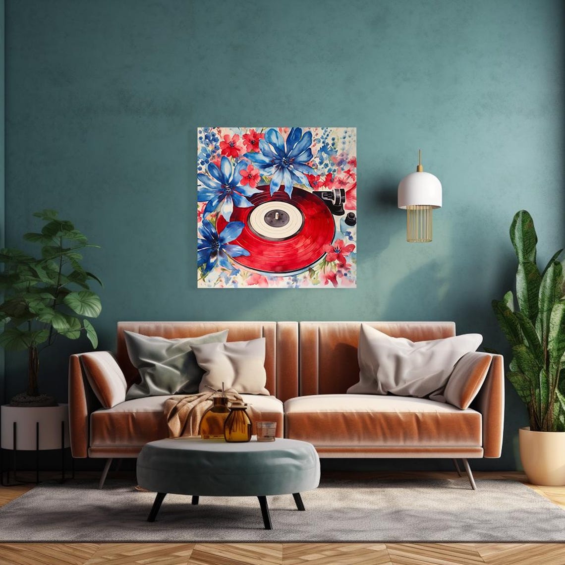 Red Vinyl Record Turntable Blue Flowers Watercolor Music Poster - Image 4