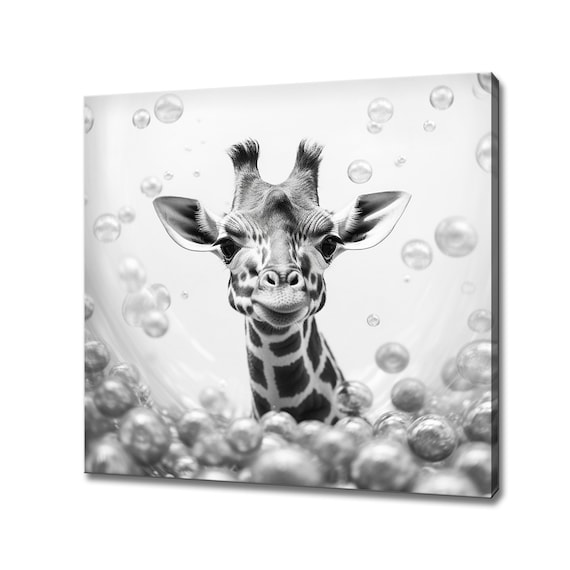 Cute Baby Giraffe Surrounded By Bubbles Black White Bathroom Art Print