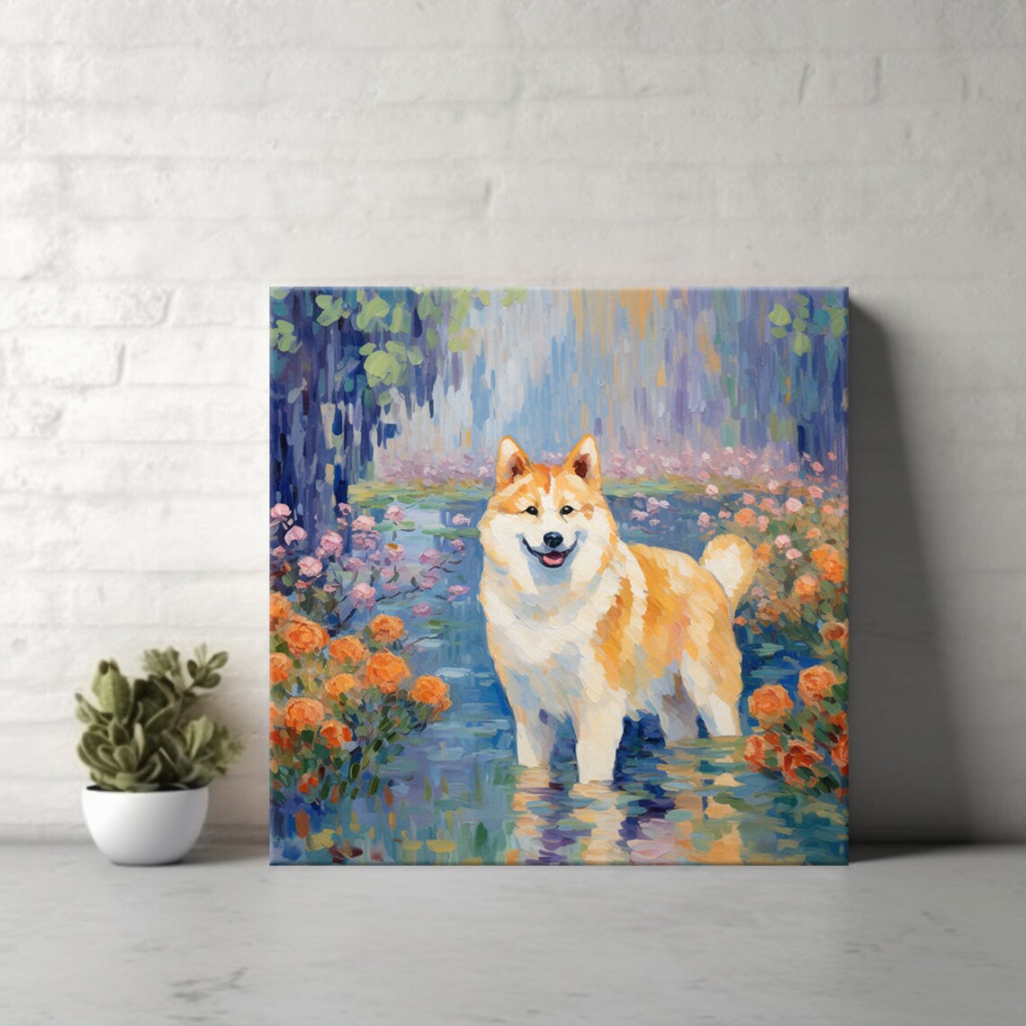 Akita Dog Portrait In Flower Pond Lily Pads Painterly Dog Poster - Image 4