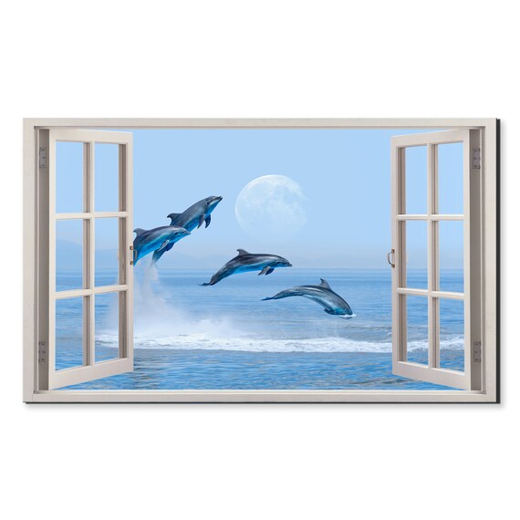 Dolphins Leaping Over Ocean Waves Moonlit Window Wall Art Poster
