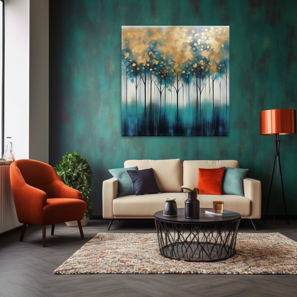 Abstract Teal Gold Forest Trees Landscape Art Print - Image 4