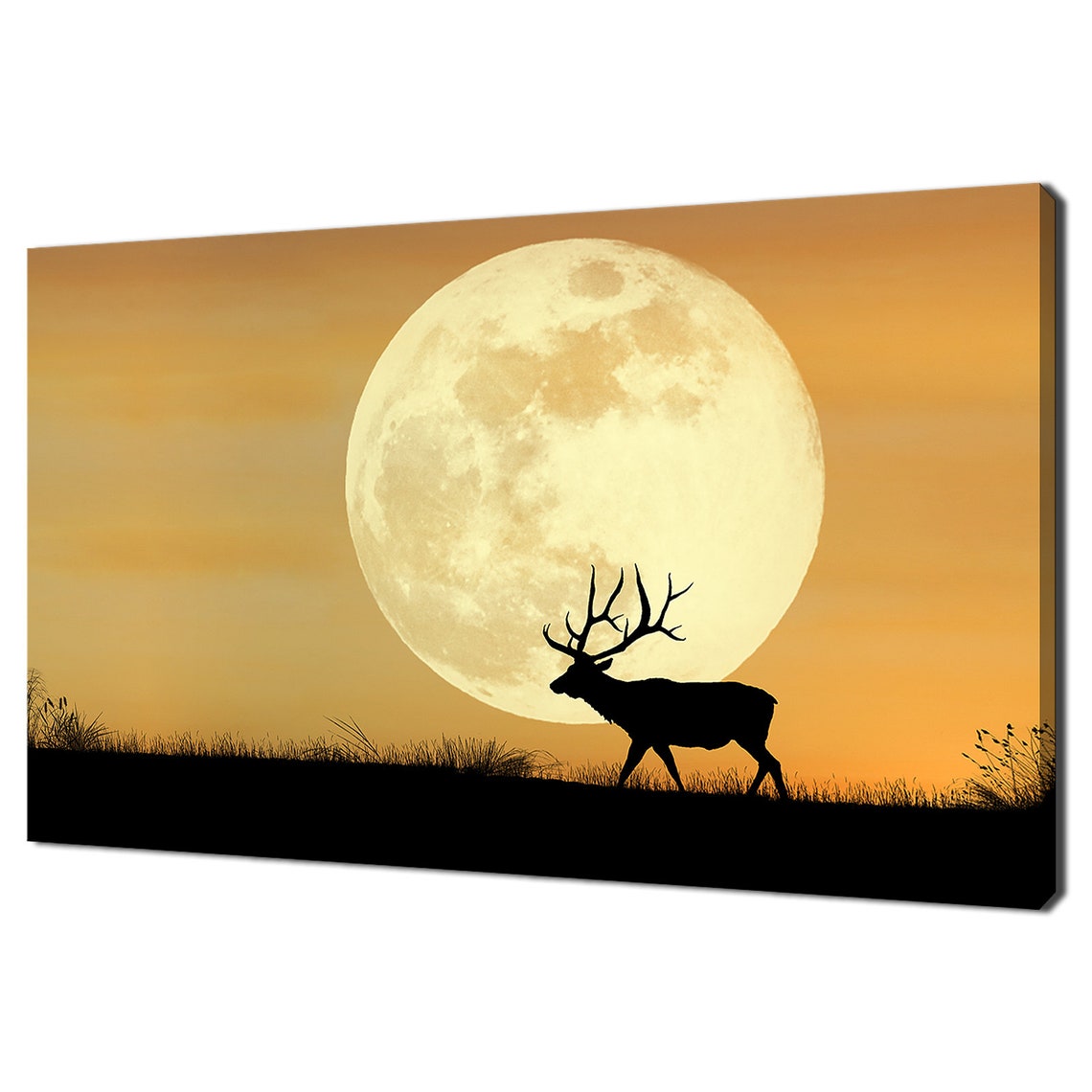 Elk Sihouette At Deep Orange Sunset Animal Modern Design Home Decor Print Wall Art Picture