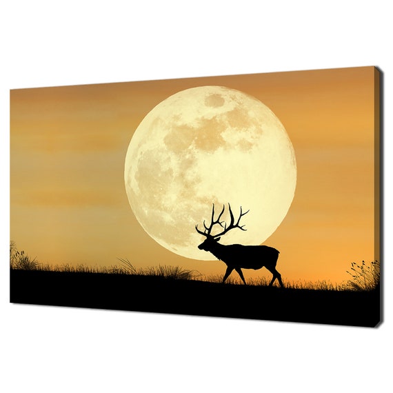 Elk Sihouette At Deep Orange Sunset Animal Modern Design Home Decor Print Wall Art Picture