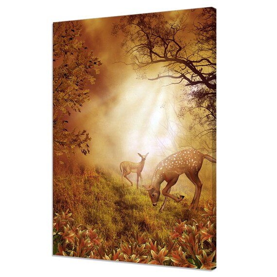 Deer Doe And Fawn In Golden Autumn Forest Fantasy Scene Wall Poster
