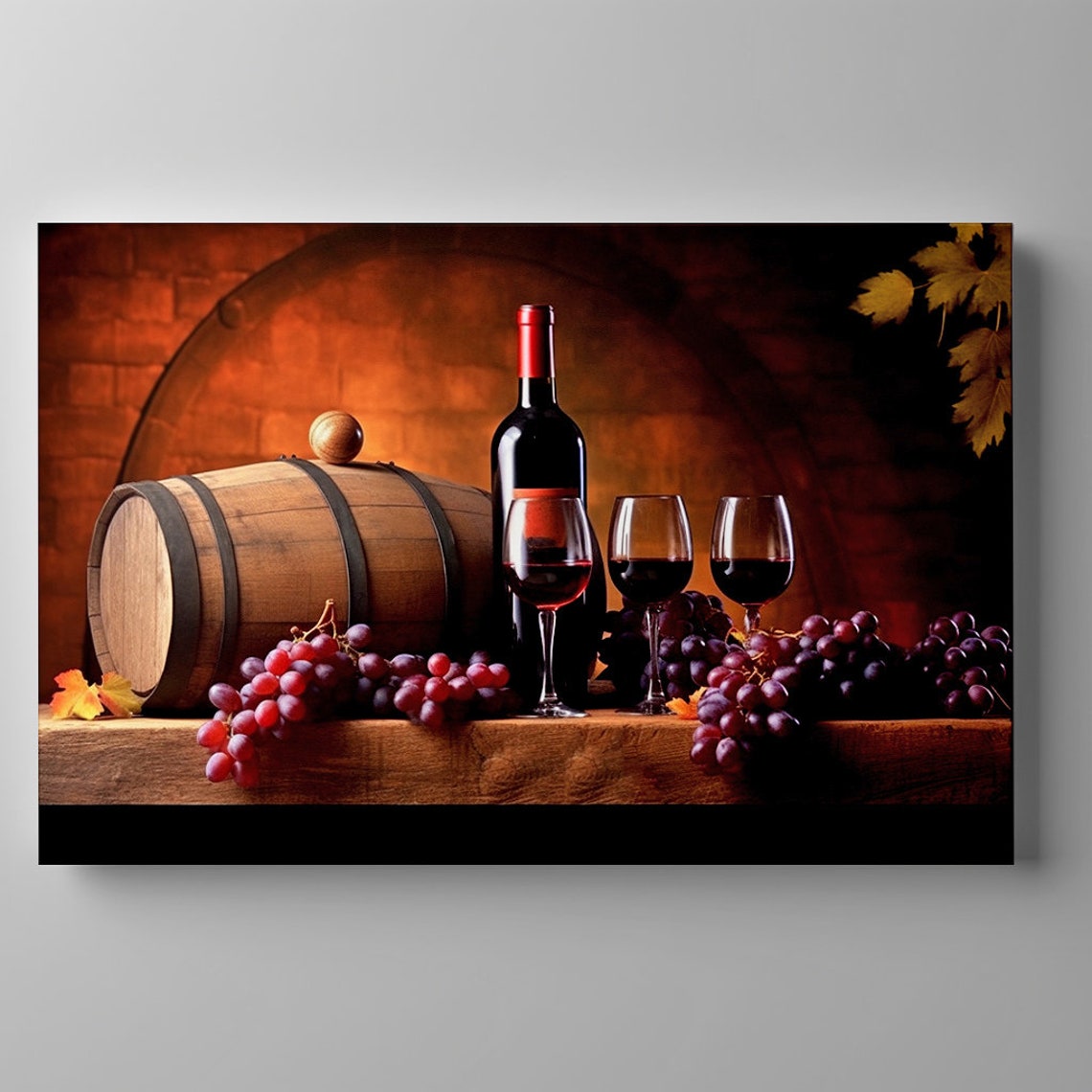 Red Wine Bottle Three Glasses Barrel And Grapes Warm Cellar Wall Art - Image 3