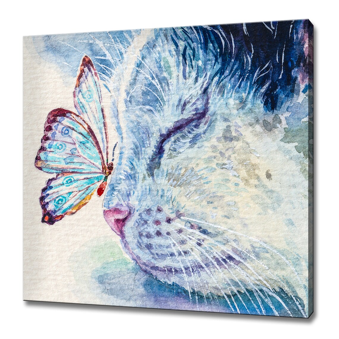 Sleepy Cat Butterfly On Nose Watercolor Cute Animal Portrait Wall Art
