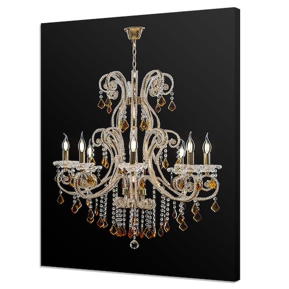 Stunning Chandelier With Amber Shiny Crystals Modern Design Home Decor Print Wall Art Picture