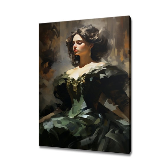 Elegant Lady In Brown Green Victorian Baroque Puffy Dress Painting Style Print Gift For Her Modern Home Decor Fashion Wall Art