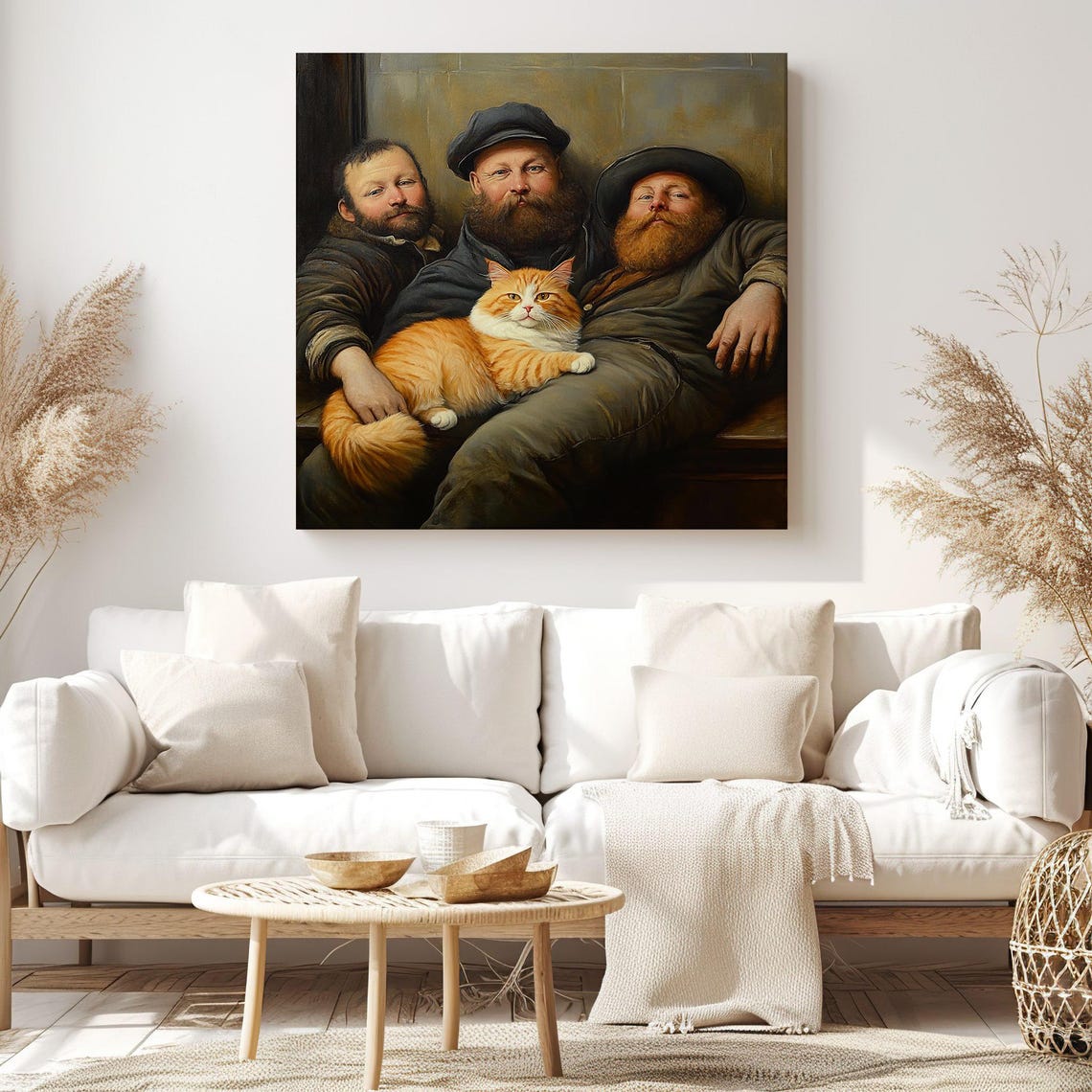Three Bearded Men And Orange Tabby Cat Humorous Vintage Painting Print - Image 3