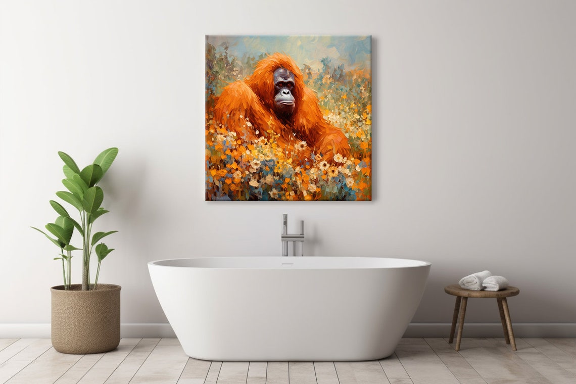 Orangutan Resting in Orange Wildflower Field Impasto Art Poster - Image 4