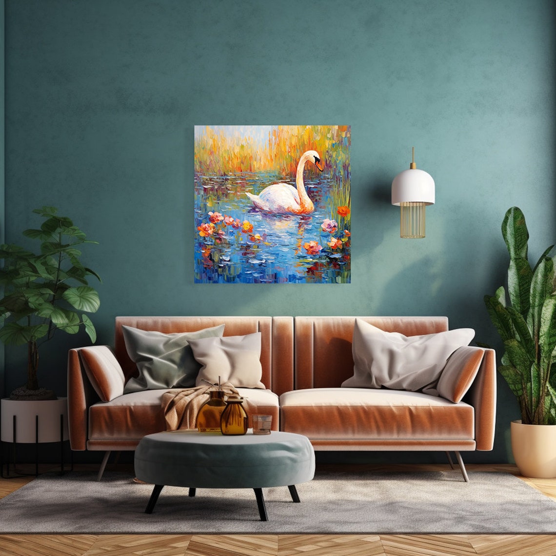 Graceful Swan On Golden Flower Lake Vibrant Impressionist Art Poster - Image 2