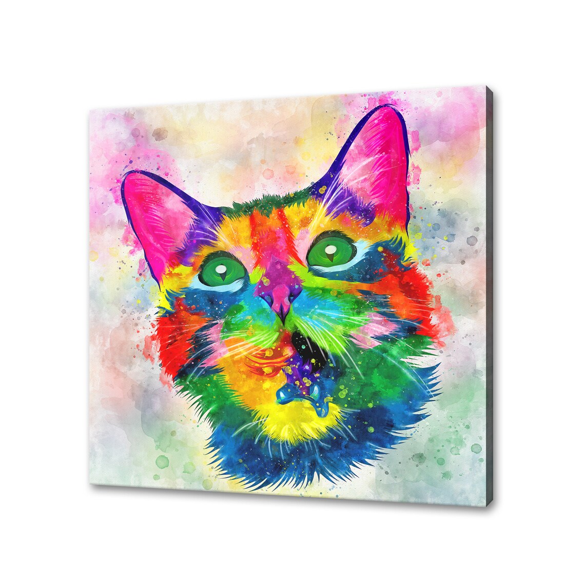 Cute Kitten Face Green Eyes Rainbow Watercolour Colourful Cat Art Poster