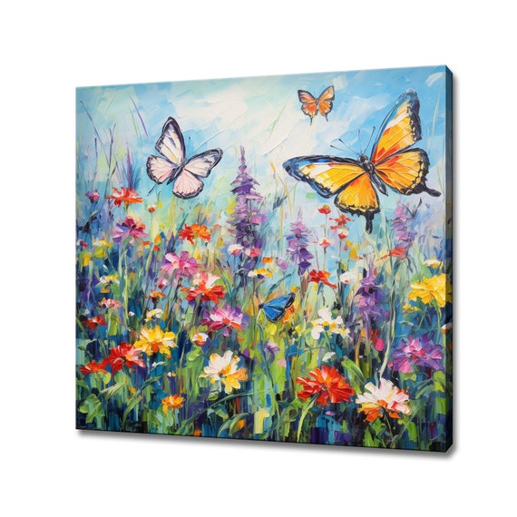 Butterflies Bright Spring Flowers Field Butterflies Print Gift For Butterflies Lover Colourful Painting Print Wall Art