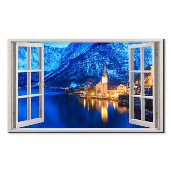 Blue Lake Hallstatt Austria Window View Window Frame Style Modern Design Home Decor Print Wall Art Picture Ready To Hang
