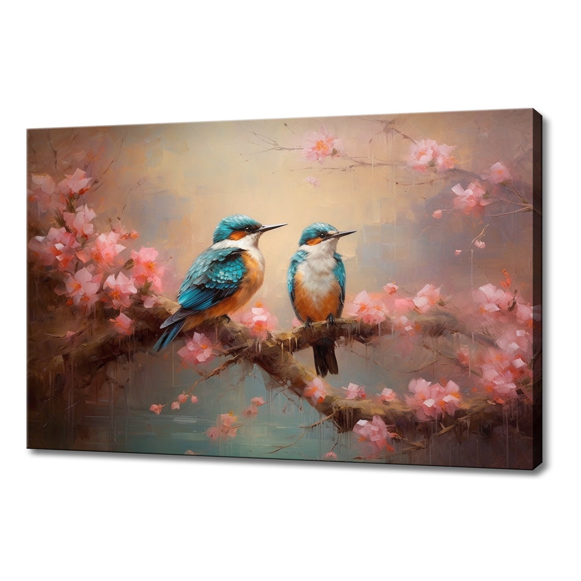 Two Kingfisher Birds Blossoming Branch Over Water Spring Art Poster