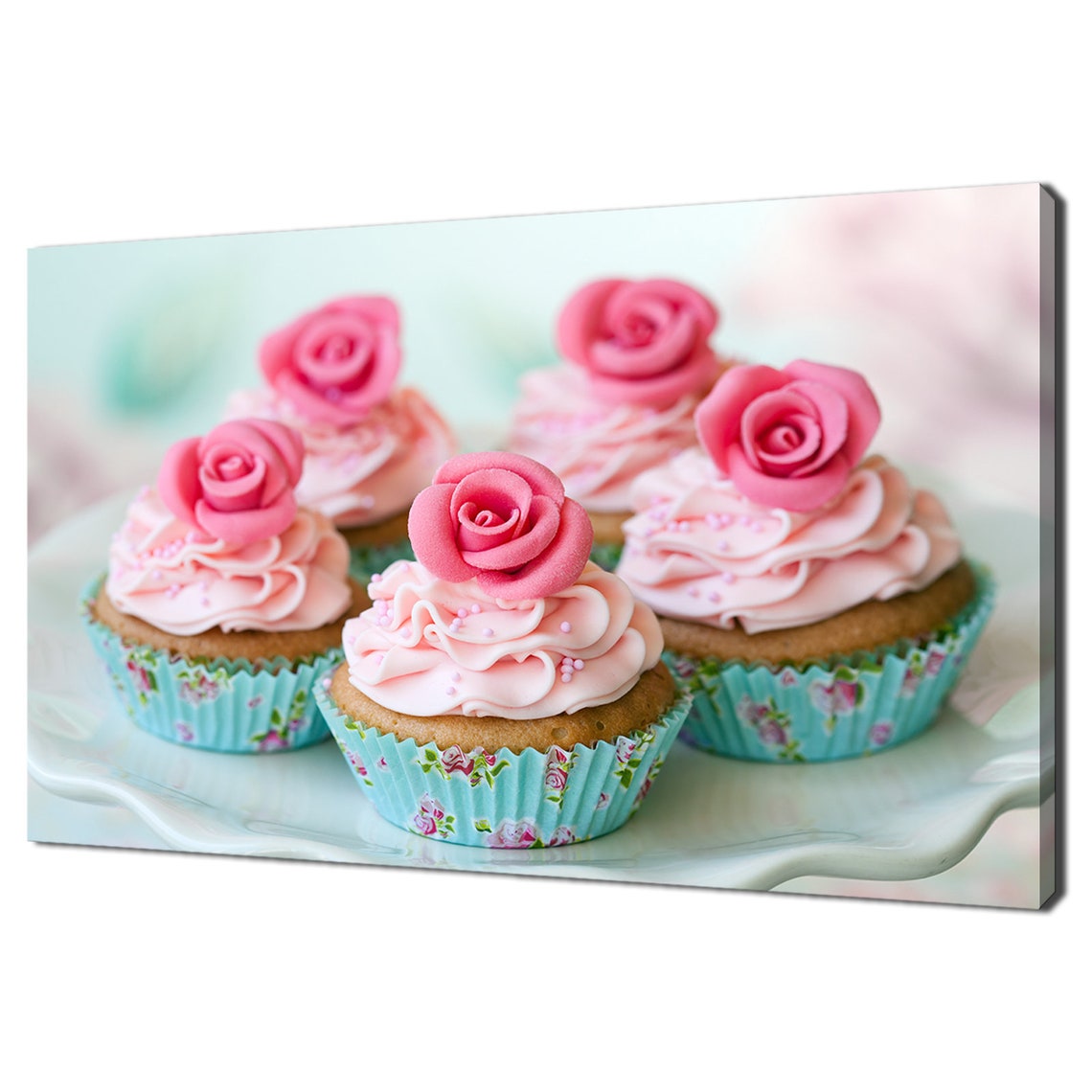 Pink Sugar Rose Cupcakes Blue Floral Liners Sweet Bakery Wall Art