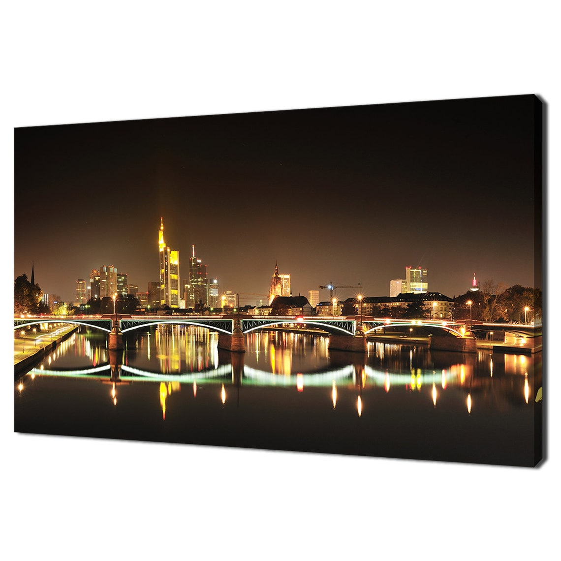 Frankfurt Germany Night Skyline Main River Illuminated Bridge Poster