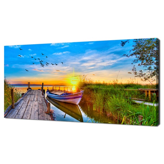 Beautiful Sunset Over The Lake Boat Modern Design Home Decor Print Wall Art Picture