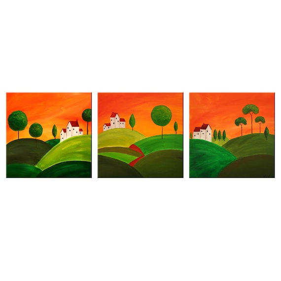 Landscape Of Rolling Tuscan Countryside Trees Houses Panorama Landscape 3 Panels Modern Design Home Decor Print Wall Art Picture